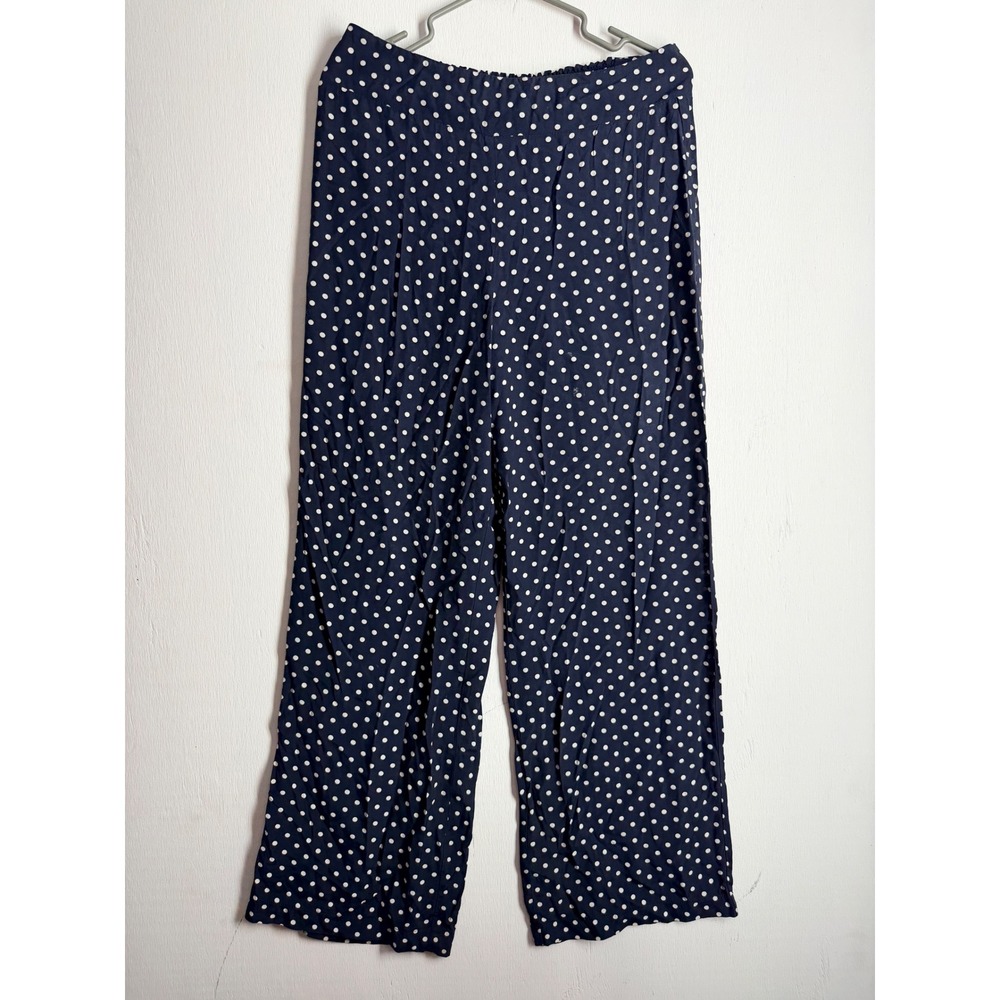 Wallis Navy Blue Polka Dot Wide Leg Pants Smocked Waist Trousers US 6 UK 10